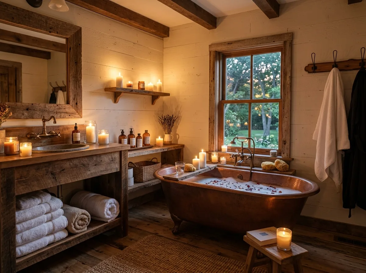 Cozy farmhouse bathroom with candles and towels